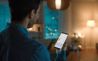 Eine Person steuert per App Smart Home-Anwendungen.