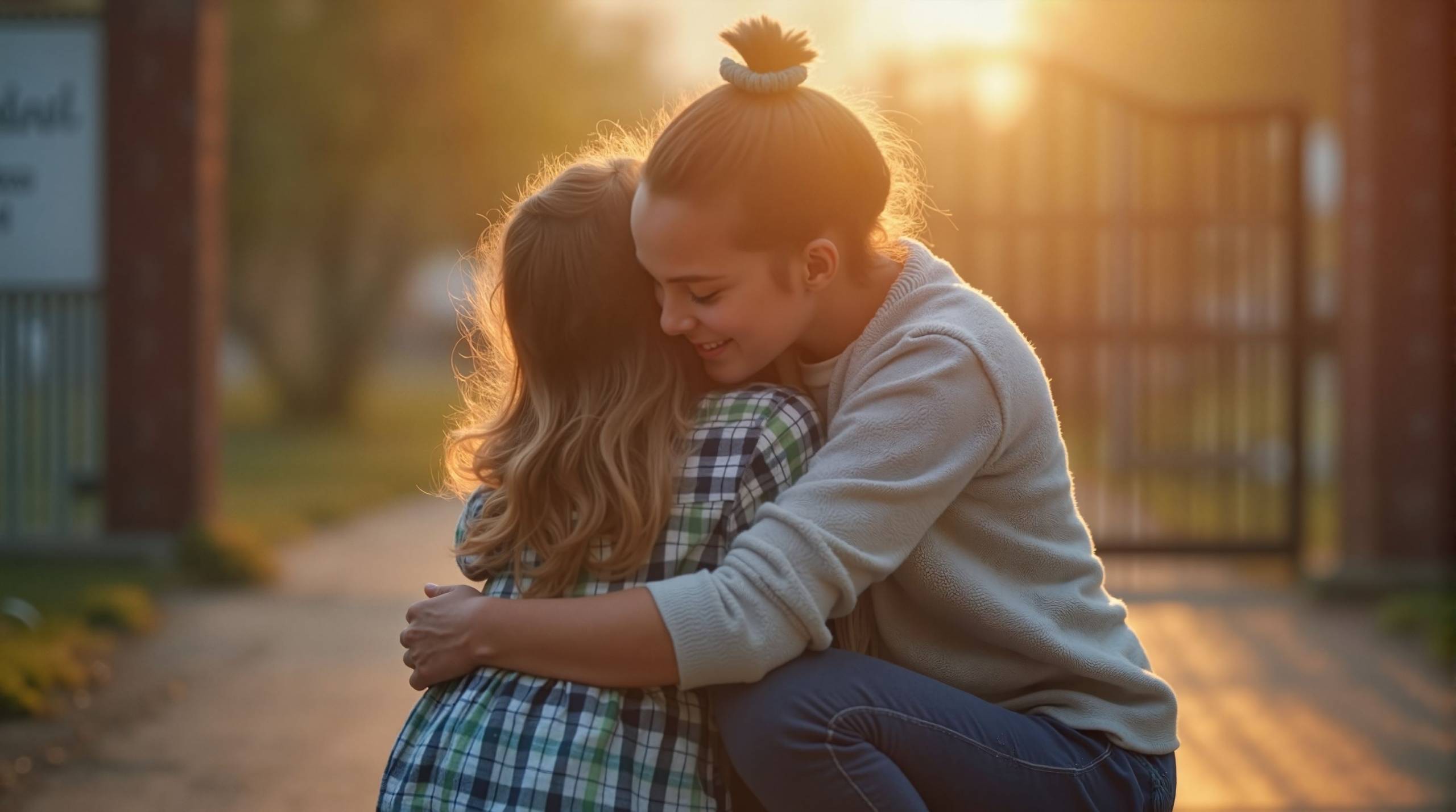 Young woman hugging little girl in warm sunlight outdoors Smarter Einbruchschutz für Haus und Garten