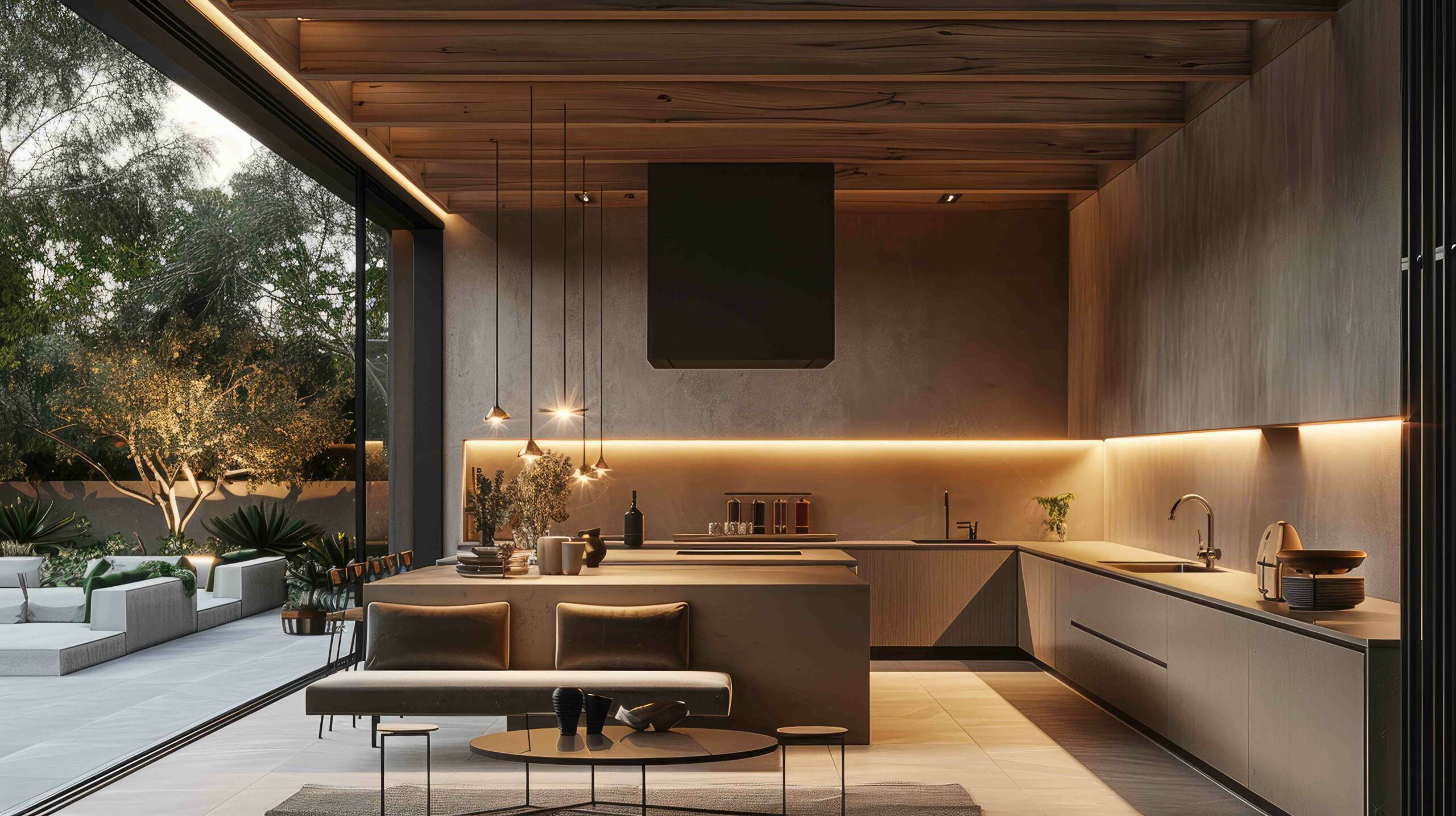 An open-air, minimalist kitchen with a Nordic-inspired ceiling featuring clean wooden beams and a subtle modern design, The kitchen is illuminated by warm pendant lights and soft LED strips. LED Dimmen in einem Gebäude