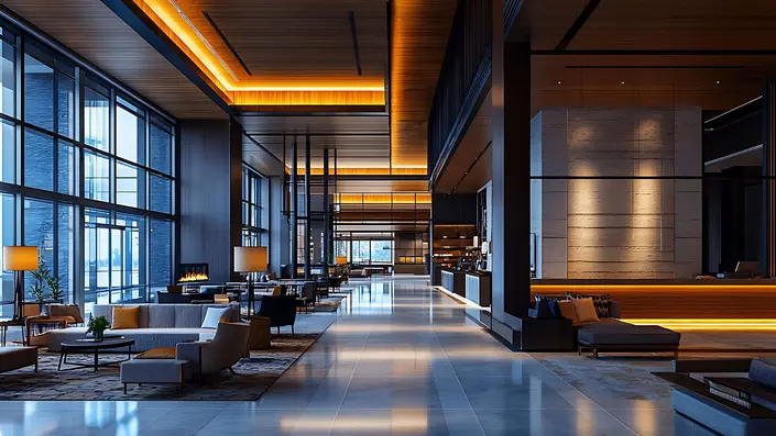 Das Bild zeigt eine moderne Lobby mit verschiedenen Lichtszenen