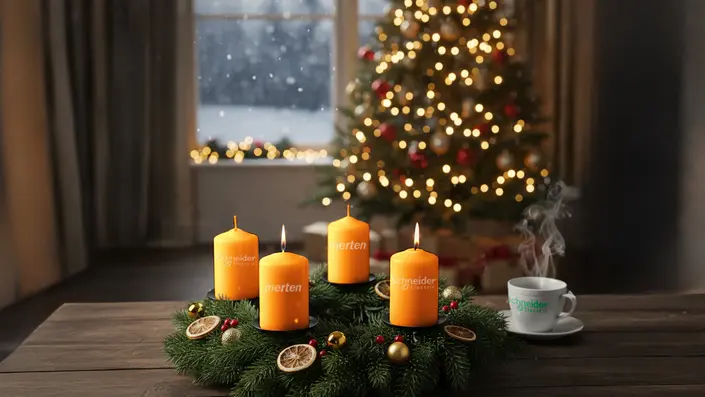 Auf dem Bild ist ein Adventskranz zu sehen und zwei Kerzen brennen.