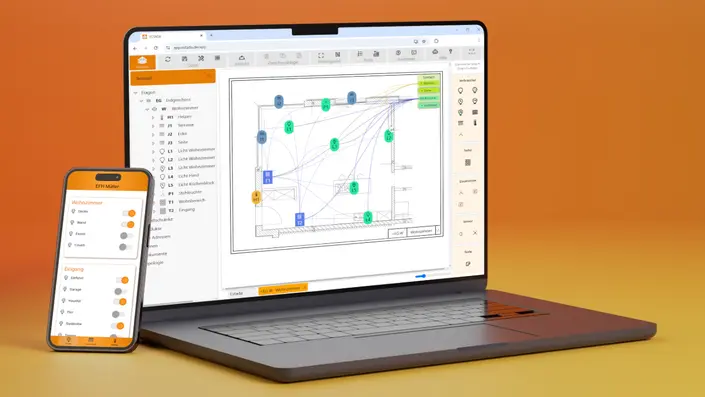 Die Estada Software wird auf einem Smartphone und einem Laptop gezeigt.