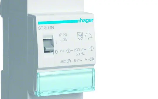 HAGER ST303N Klingeltrafo 8/12 V AC 8 W, Ausschalter