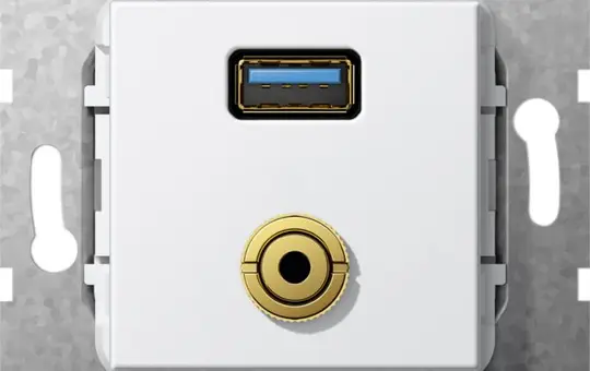 GIRA 568603 Kommunikationseinsatz USB-A/Klinke 3,5 mm, Kupplung/Kabelpeitsche | reinweiß glänzend