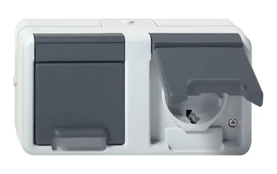 GIRA 478130 SCHUKO-Steckdose WG AP 2-fach, waagerecht, Klappdeckel, o. Krallen | grau