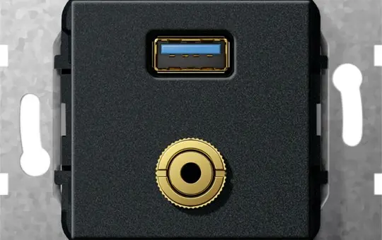 GIRA 568710 Kommunikationseinsatz USB-A/Klinke 3,5 mm, Kabelpeitsche | chrom