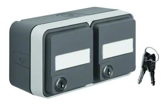 BERKER 47893525 beschr. SCHUKO-Aufputzsteckdose W.1 2-fach, Klappdeckel, Schloss | grau/lichtgrau matt