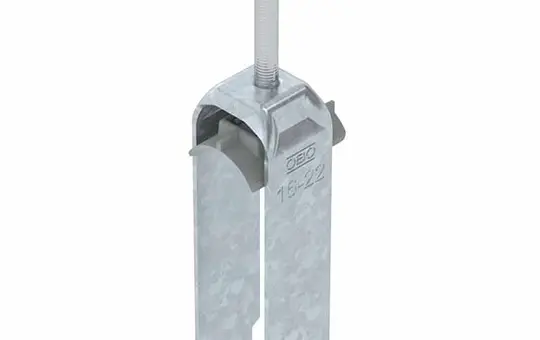 OBO BETTERMANN 1186218 Stahl-Bügelschelle verzinkt 3-fach, Kunststoffdruckwanne, H-Fuß | 16-22 mm