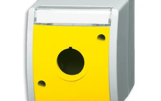 BUSCH-JAEGER 2533 WN-15-53 Leergehäuse Ocean 1-fach, Schriftfeld, gelber Deckel | grau/blaugrün