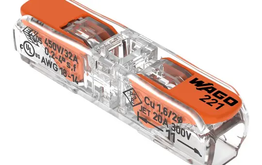 WAGO 221-2411 Durchgangsverbinder Serie 221 mit Hebel | transparent/orange | 4 mm²
