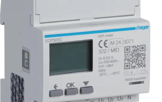 HAGER ECP302C Energiezähler 3-phasig für Wandlerverhältnis 1 A/5 A, 4M, SO, MID