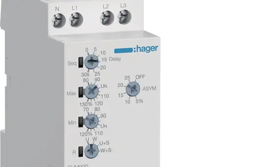 HAGER EUM200 Kontrollrelais Spannung, Phasenüberwachung 1P+N/3P(N), 2 Wechsler, einstellbar